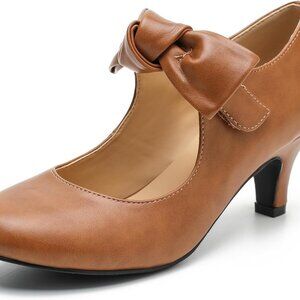 Women's Bow Heels Faux Velvet Low Kitten Heels Ankle Strap Dress Shoes